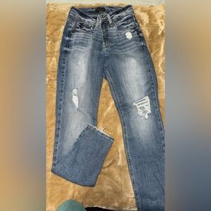 Silver Jeans Blue Straight Leg Distressed Denim
Back pockets are plain